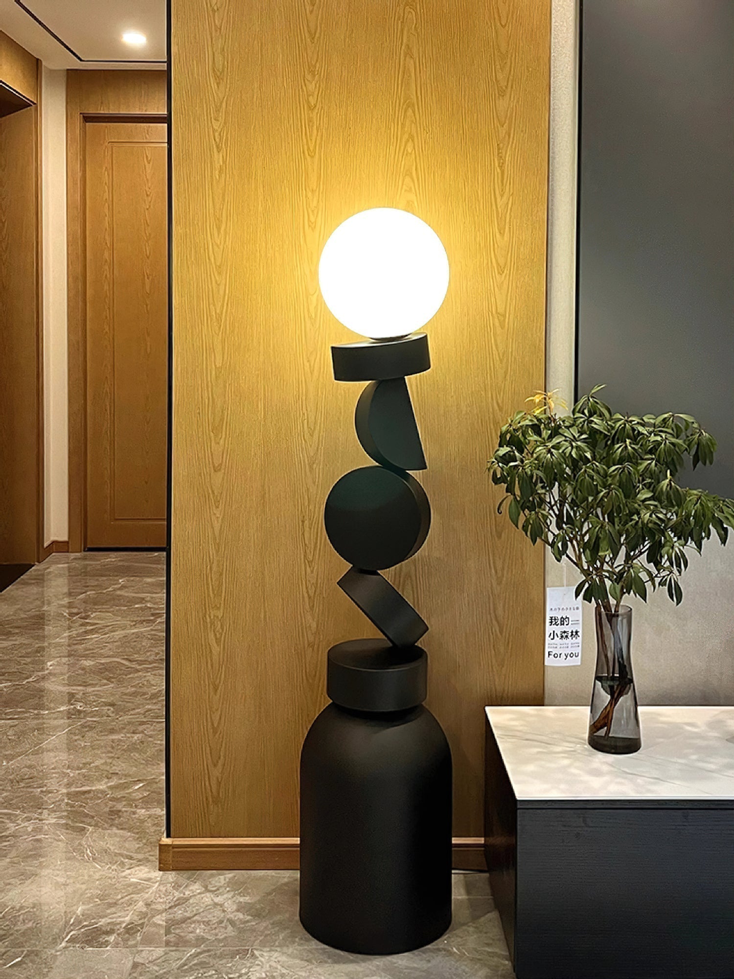 Modern Geometric Monolith Cube LED Floor Lamp with White Acrylic Globe Shading