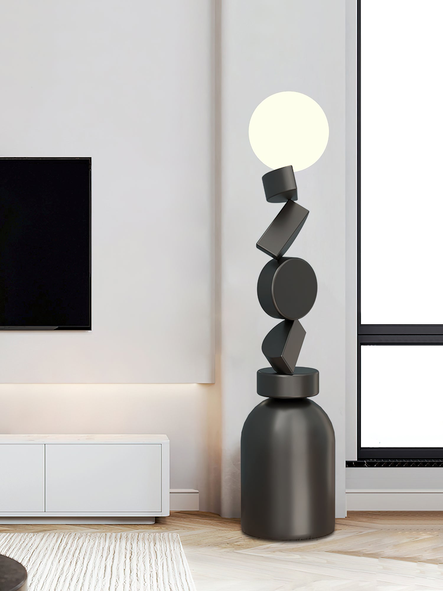 Modern Geometric Monolith Cube LED Floor Lamp with White Acrylic Globe Shading