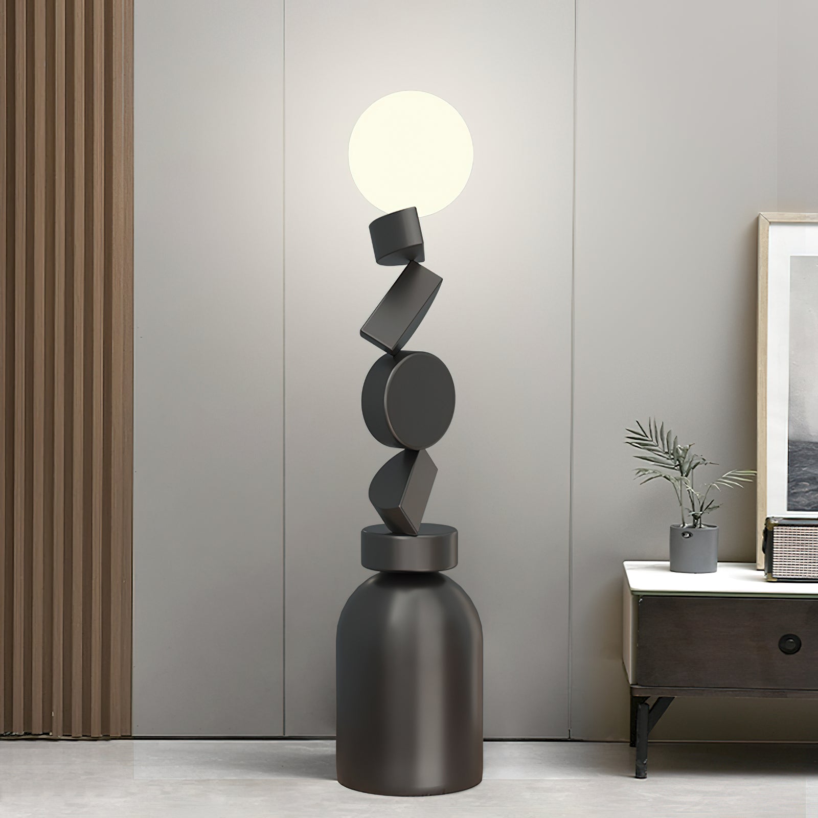 Modern Geometric Monolith Cube LED Floor Lamp with White Acrylic Globe Shading