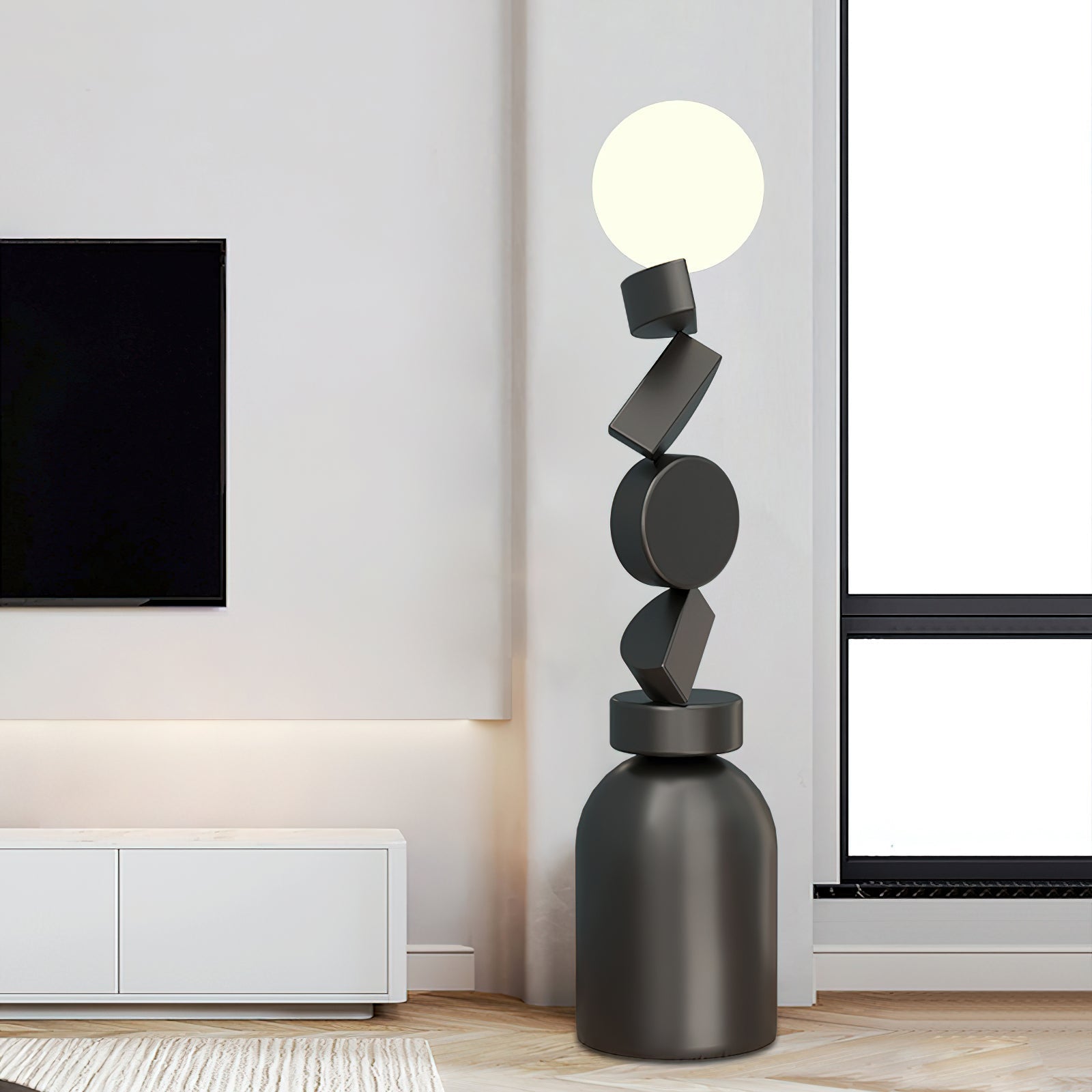 Modern Geometric Monolith Cube LED Floor Lamp with White Acrylic Globe Shading