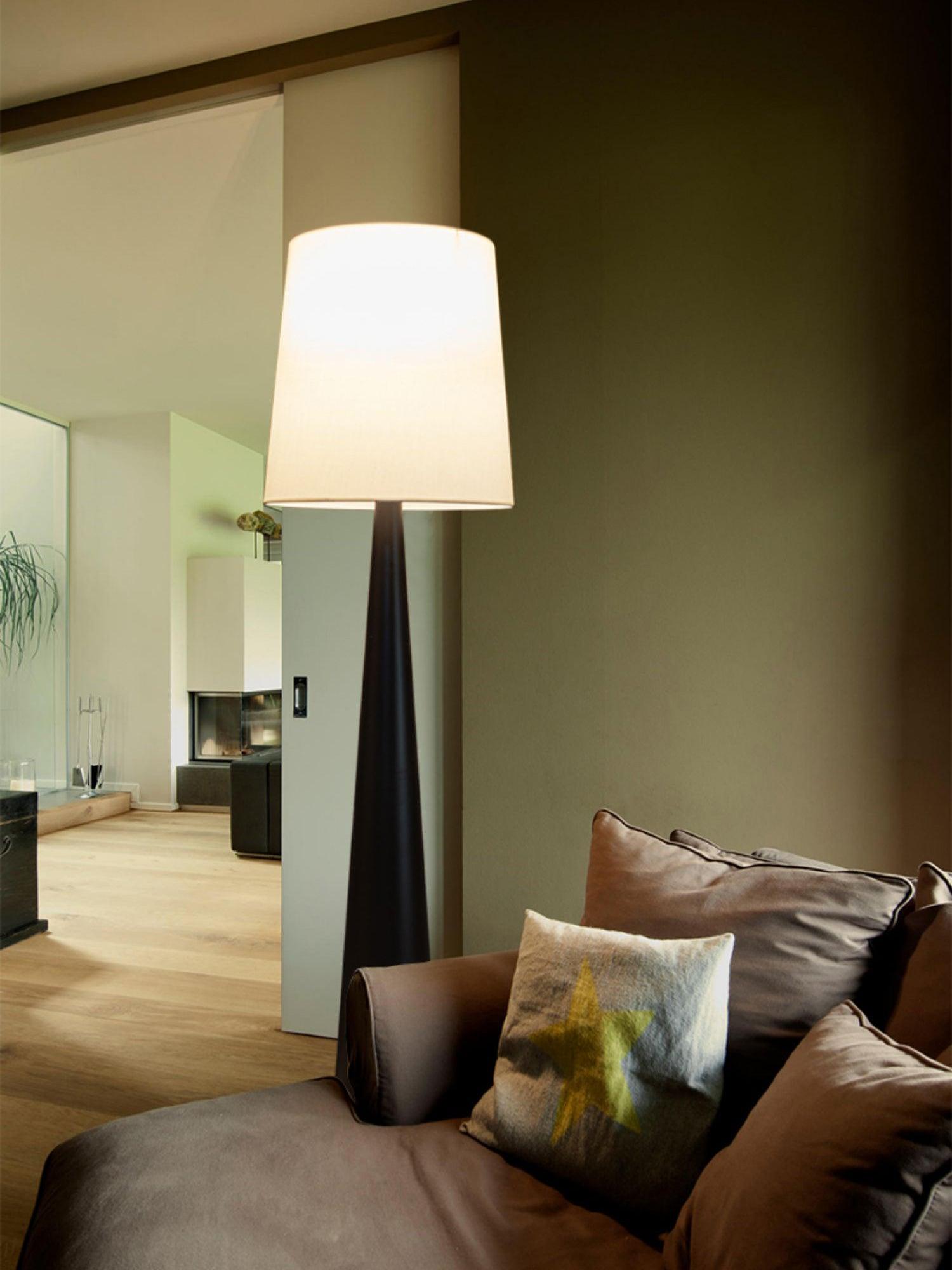 Modern Montenegro Black Iron Standing Floor Lamp with White Fabric Shade