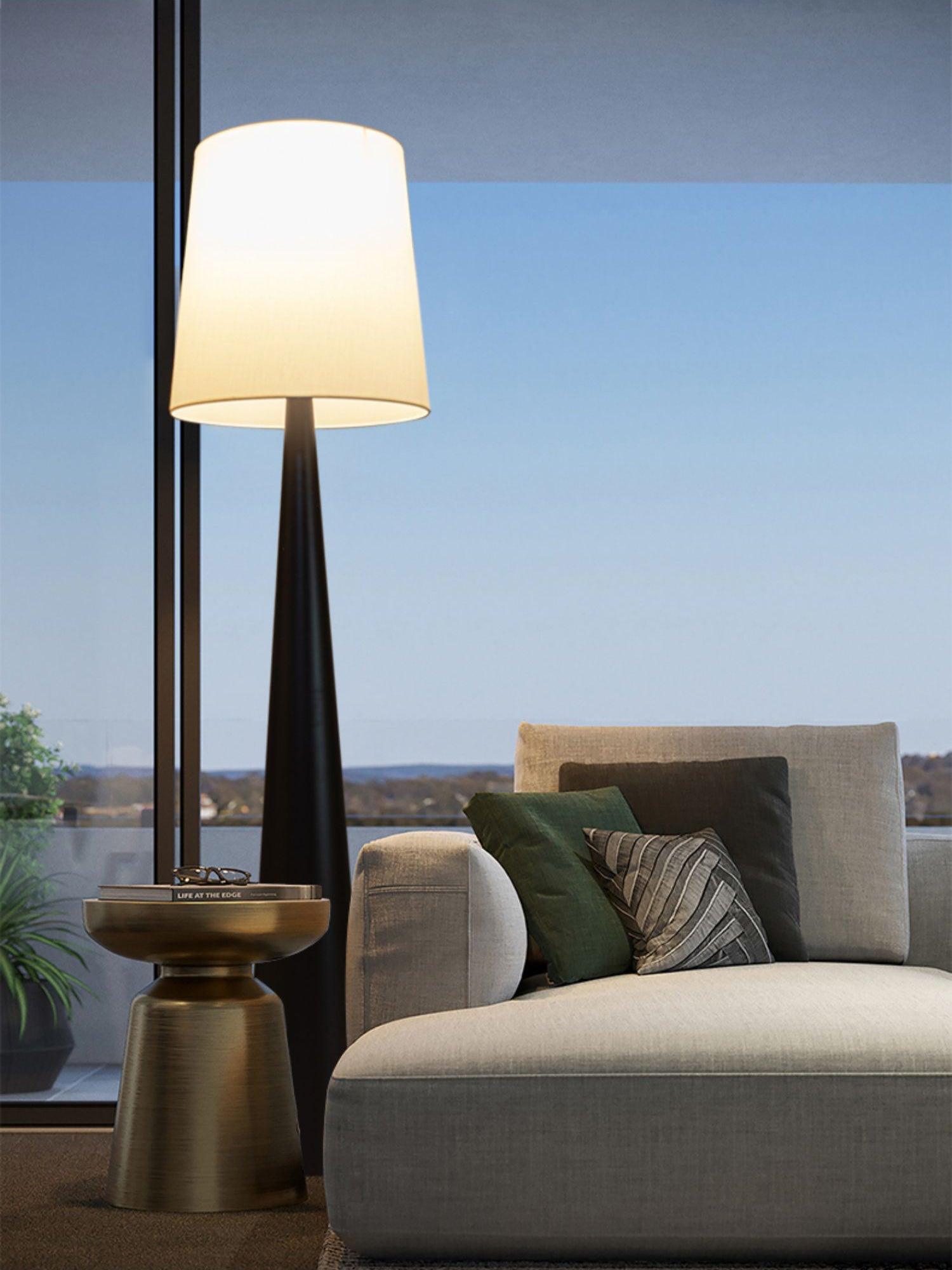 Modern Montenegro Black Iron Standing Floor Lamp with White Fabric Shade