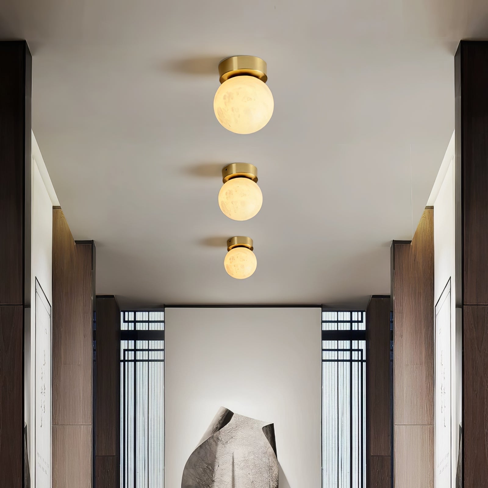 Modern Natural Alabaster LED Flush Mount Ceiling Light Brass Globe Lamp for Hallway