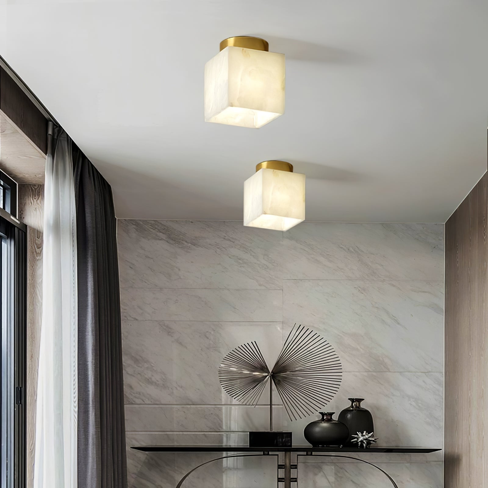 Modern Natural Alabaster LED Flush Mount Ceiling Light Brass Globe Lamp for Hallway