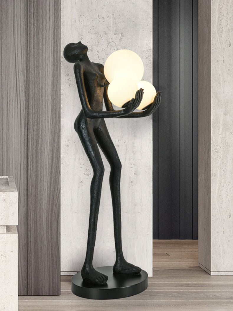 Moonlit Guardian Artistic Sculptural Standing Floor Lamp with Glowing Glass Orbs