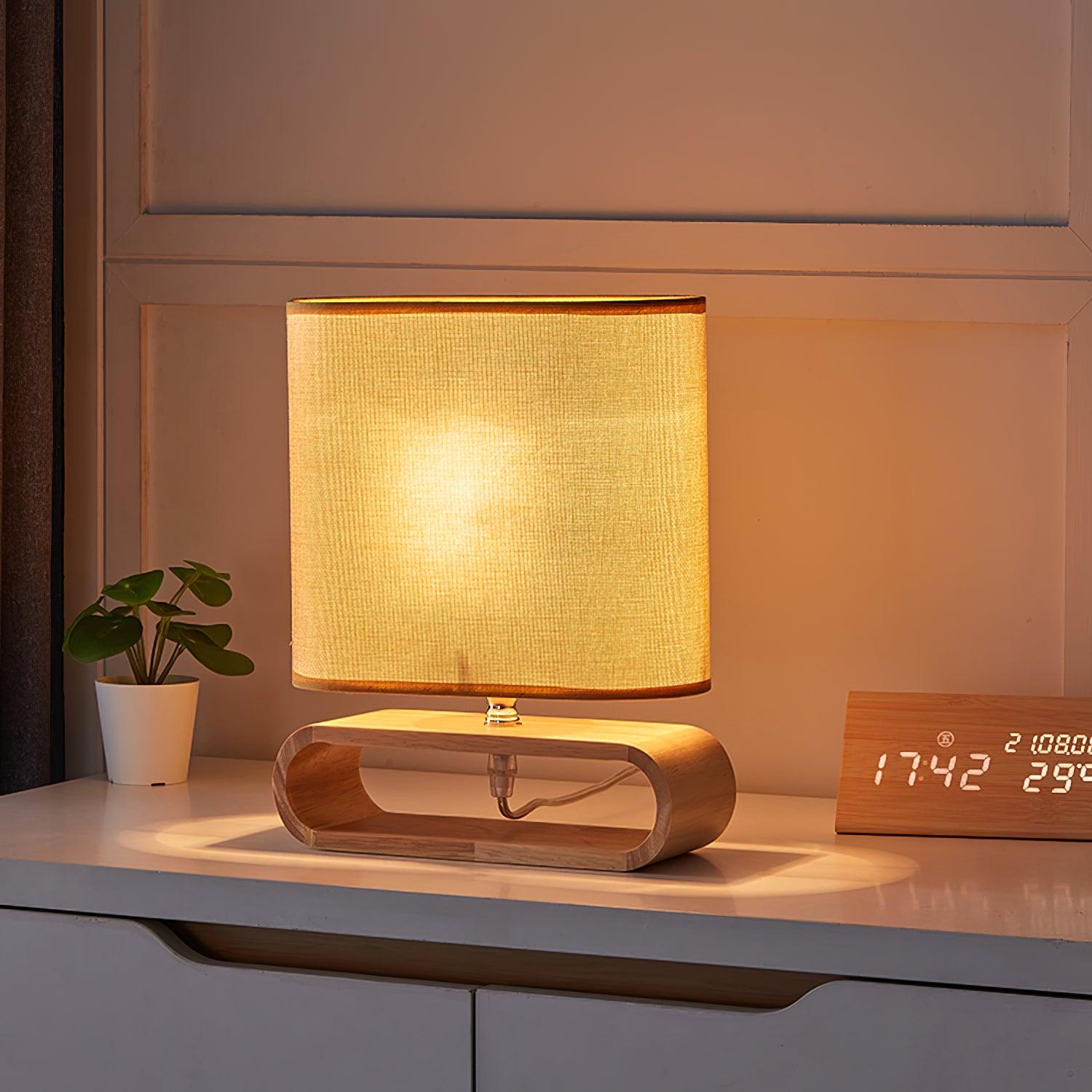 Moti Minimalist Natural Wood Table Lamp with Brown Fabric Shade for Bedside