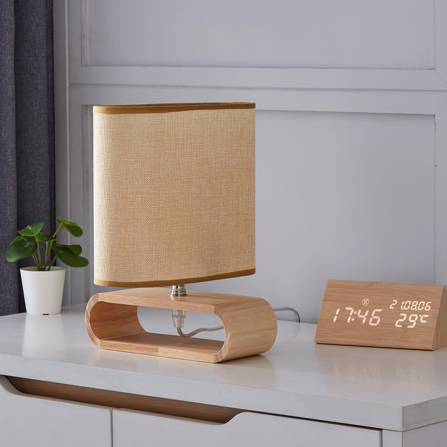 Moti Minimalist Natural Wood Table Lamp with Brown Fabric Shade for Bedside