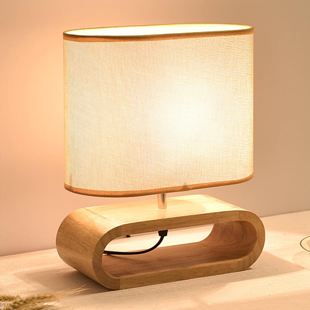 Moti Minimalist Natural Wood Table Lamp with Brown Fabric Shade for Bedside