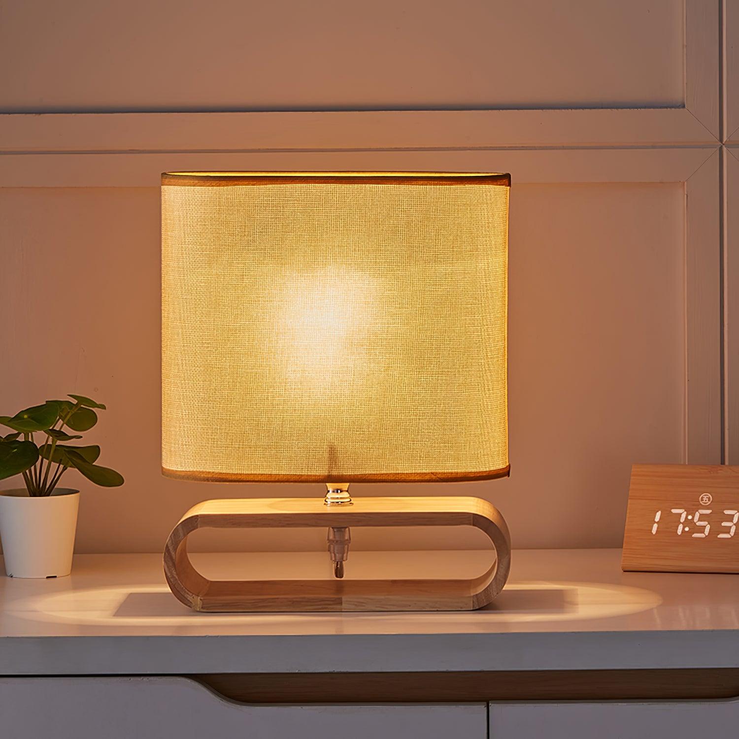 Moti Minimalist Natural Wood Table Lamp with Brown Fabric Shade for Bedside