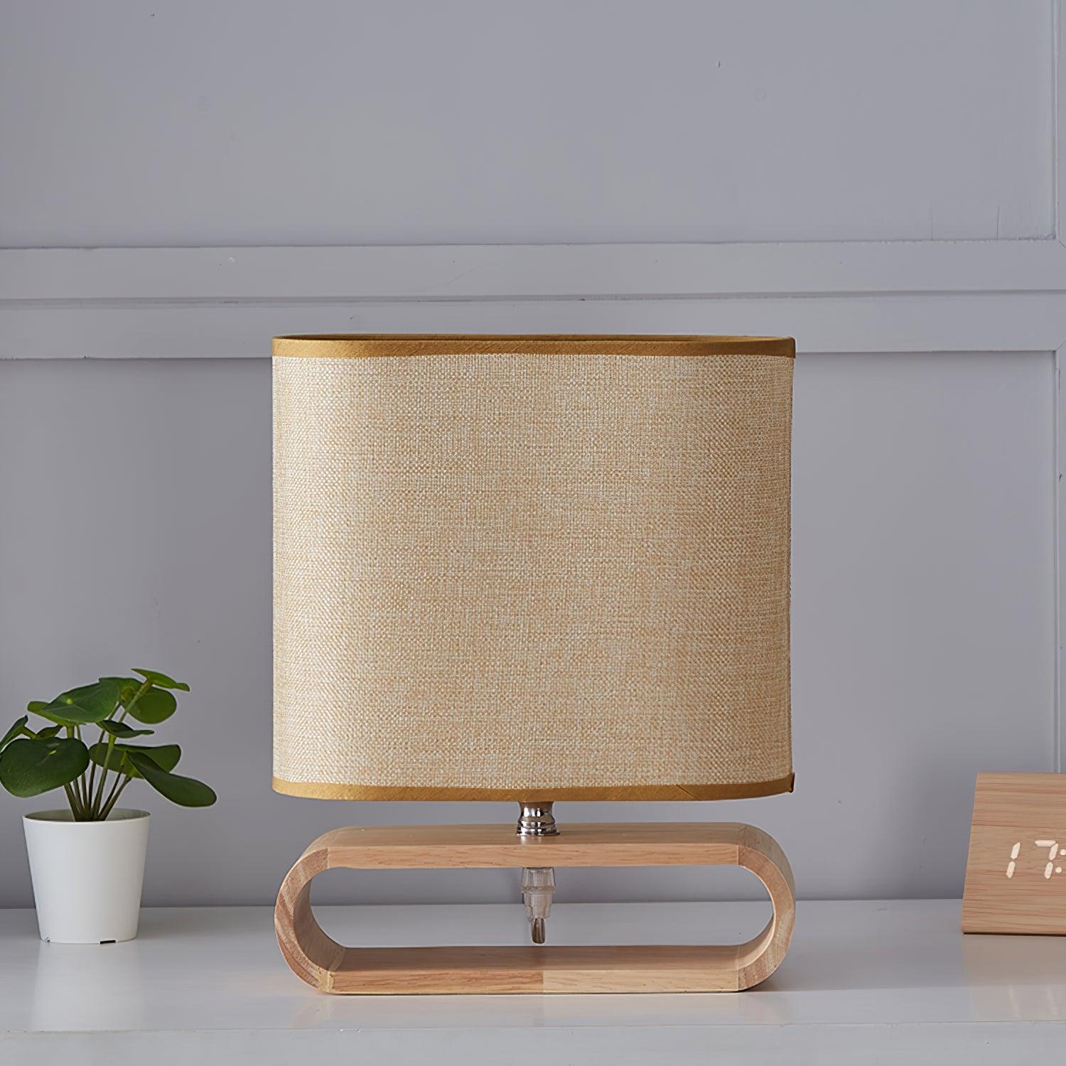 Moti Minimalist Natural Wood Table Lamp with Brown Fabric Shade for Bedside