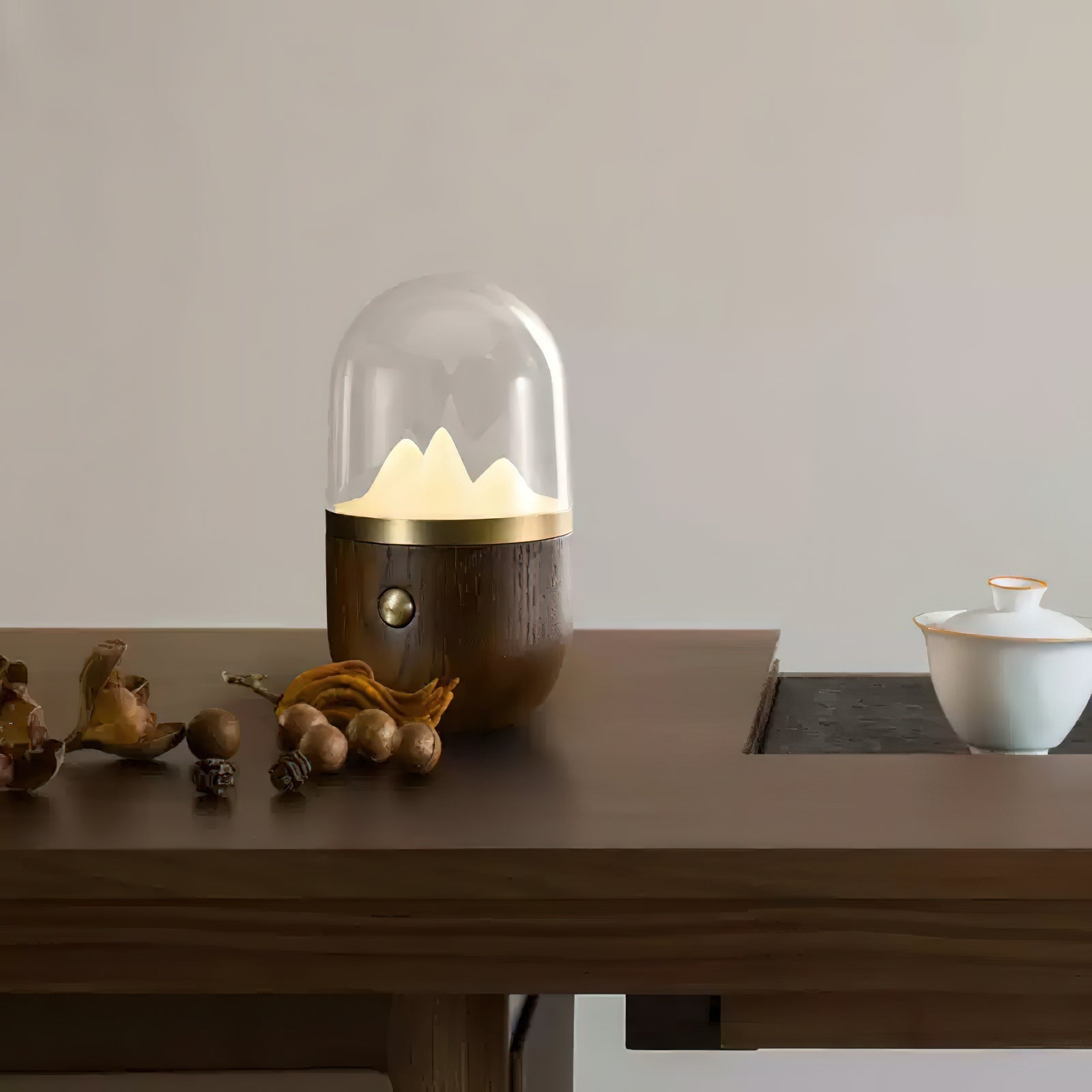 Mountain Peak LED Accent Table Lamp Nature Inspired Night Light with Wood Base