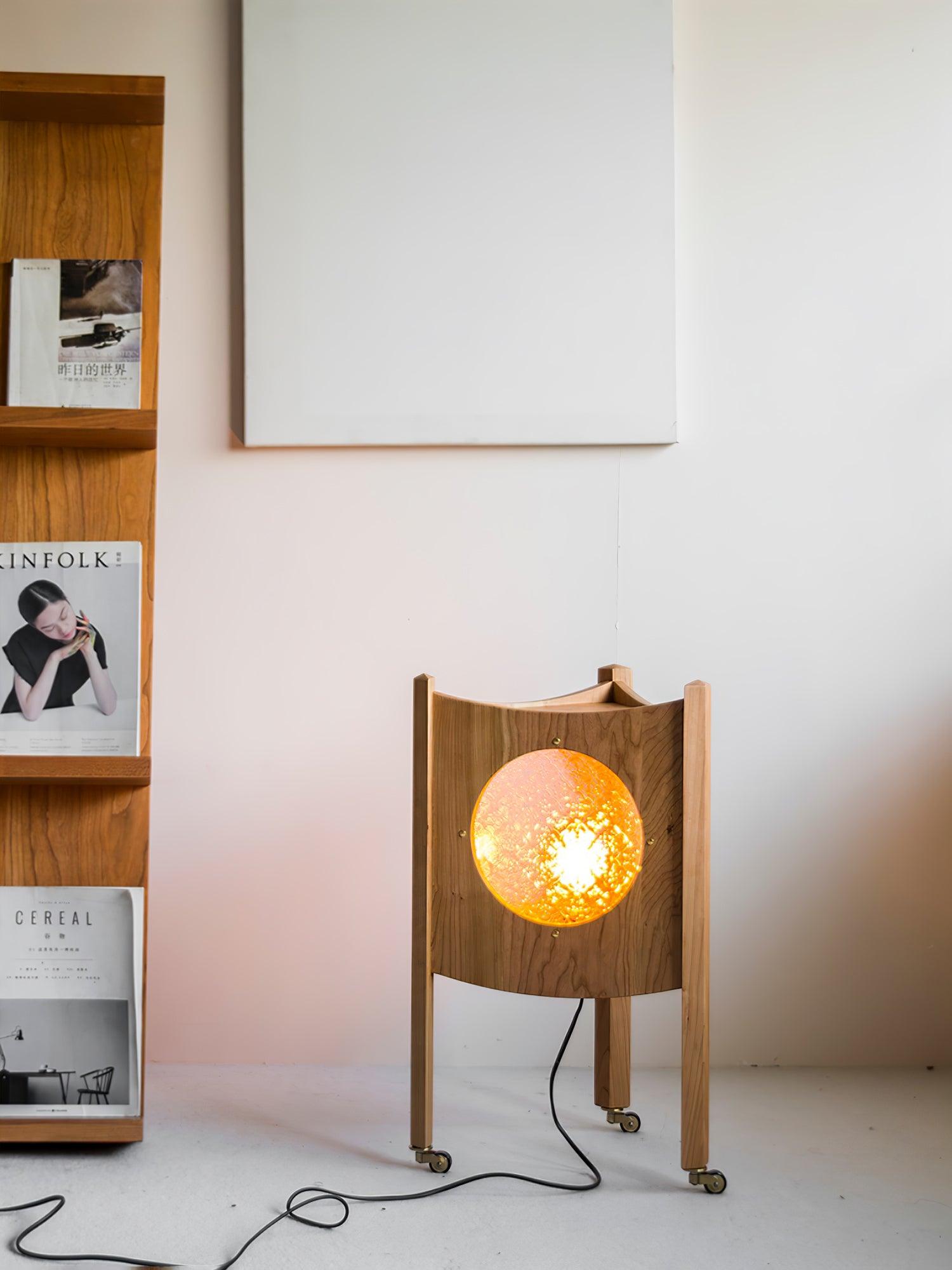 Modern Solid Wood Mobile Bedside Lamp Triangular Rolling Table Light for Living Room