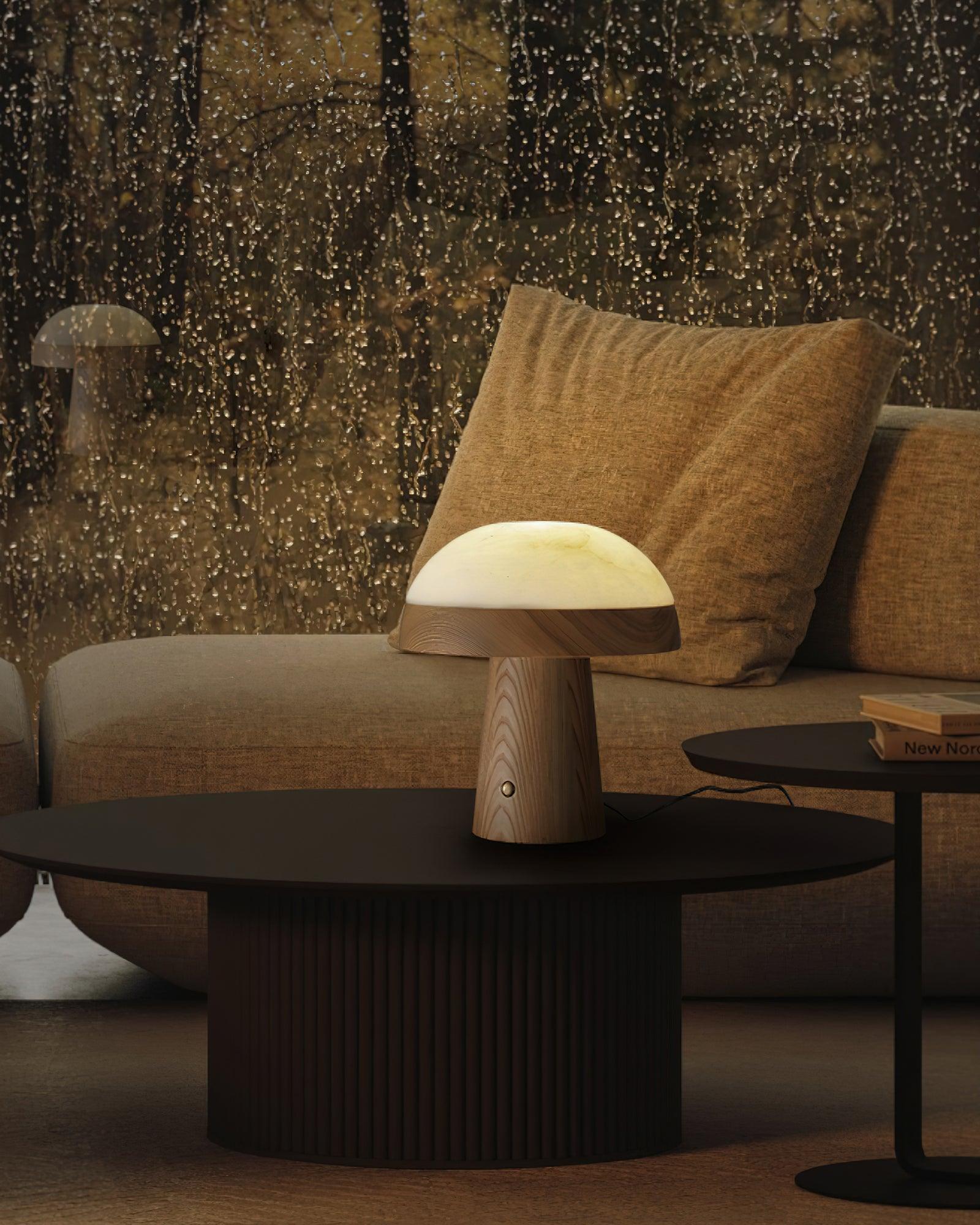 Modern Mushroom Cloud Alabaster Stone Table Lamp with Natural Wood Base