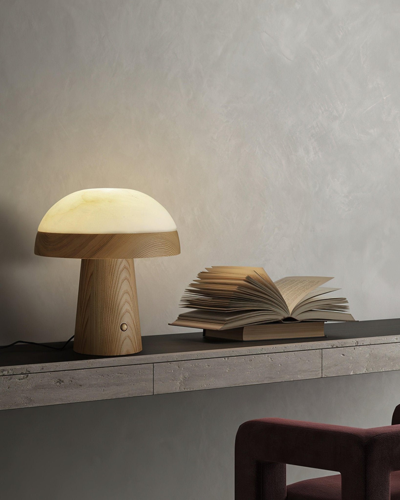 Modern Mushroom Cloud Alabaster Stone Table Lamp with Natural Wood Base