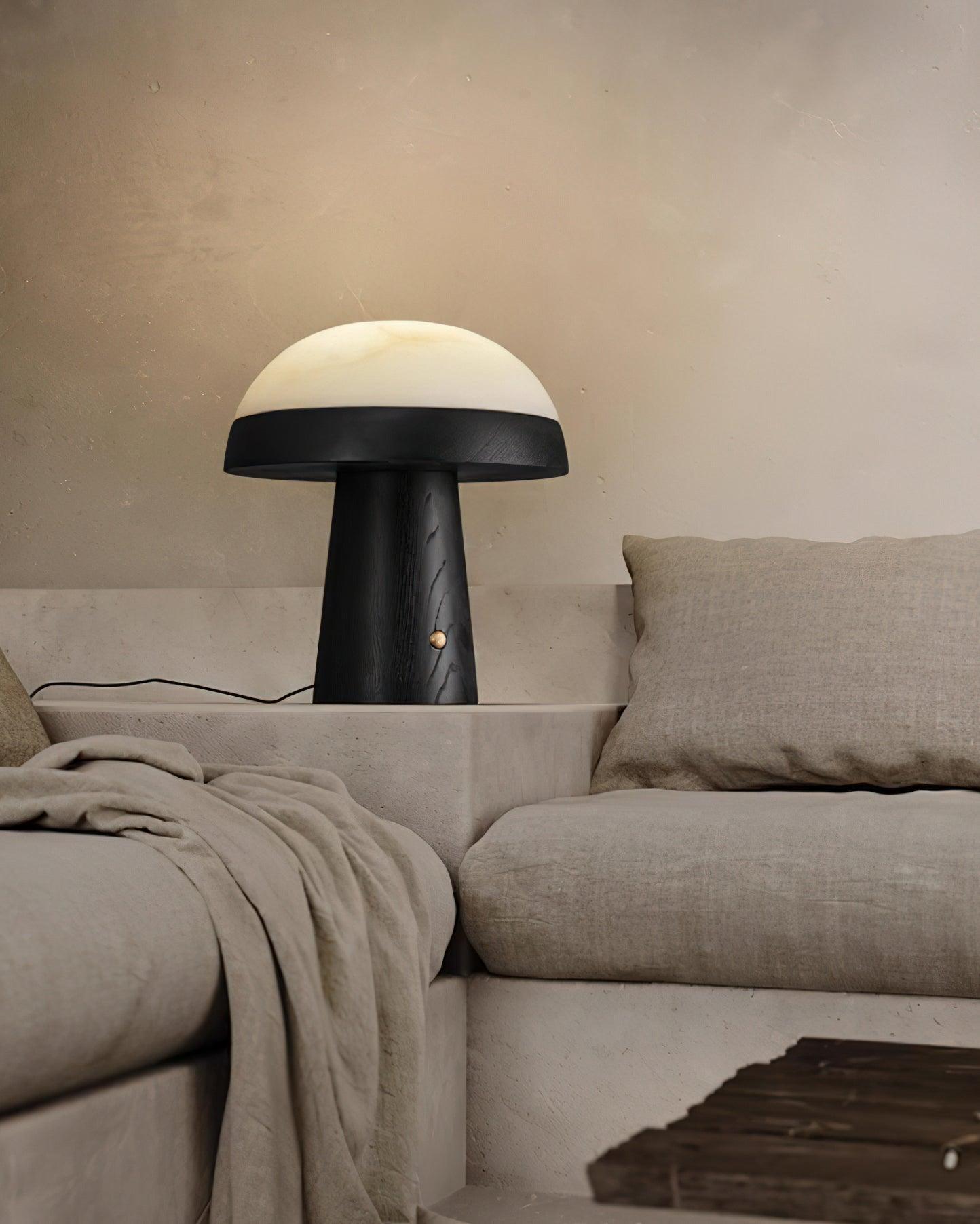 Modern Mushroom Cloud Alabaster Stone Table Lamp with Natural Wood Base