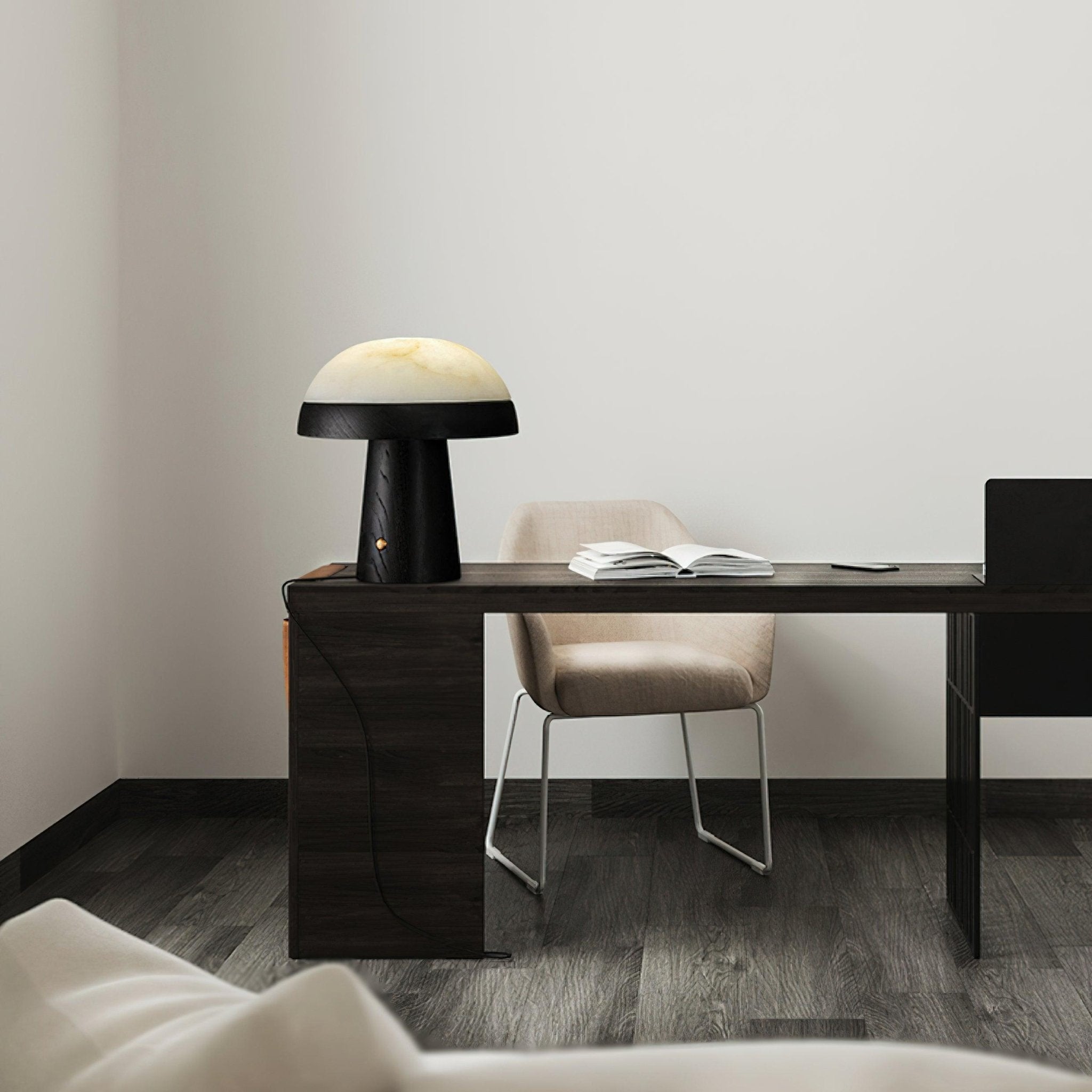 Modern Mushroom Cloud Alabaster Stone Table Lamp with Natural Wood Base
