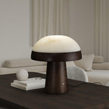 Modern Mushroom Cloud Alabaster Stone Table Lamp with Natural Wood Base