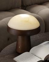Modern Mushroom Cloud Alabaster Stone Table Lamp with Natural Wood Base
