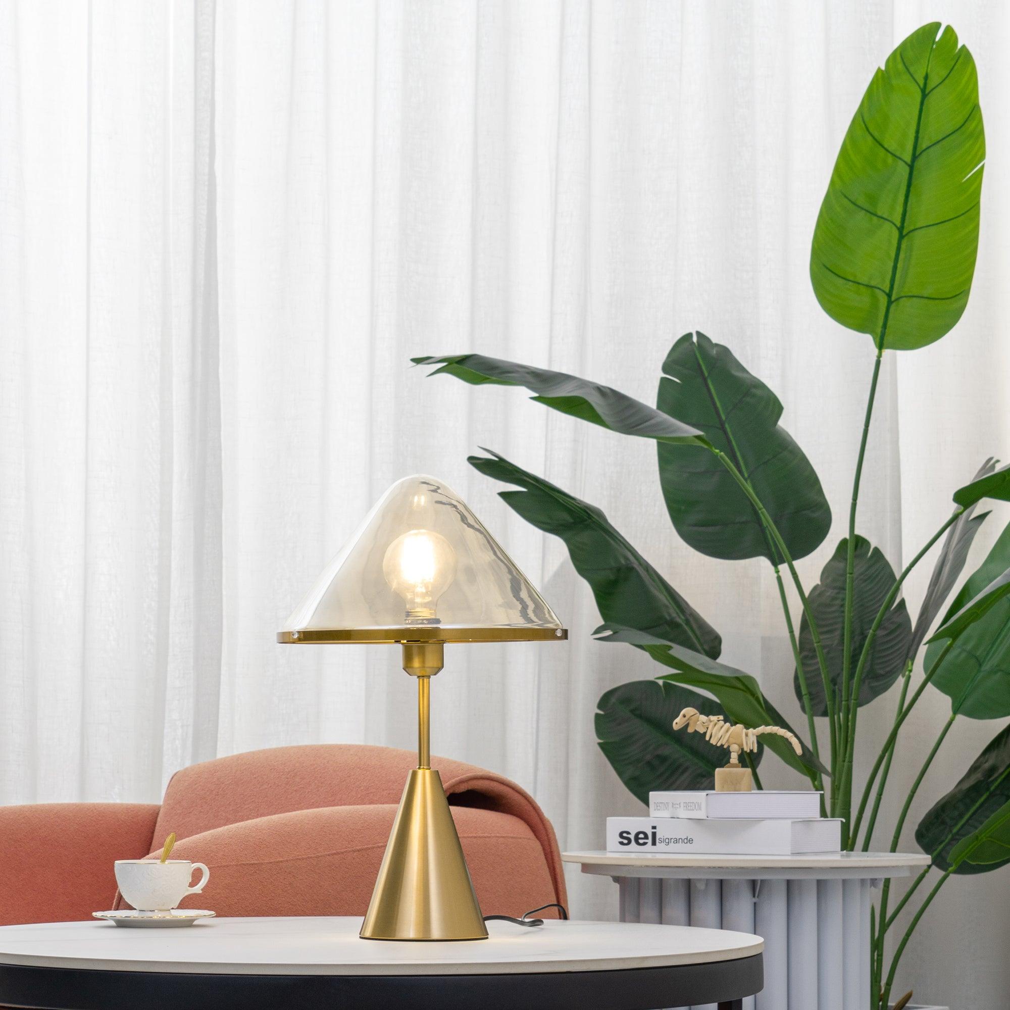 Modern Gold Mushroom Desk Lamp with Elegant Glass Shade and Brass Finish