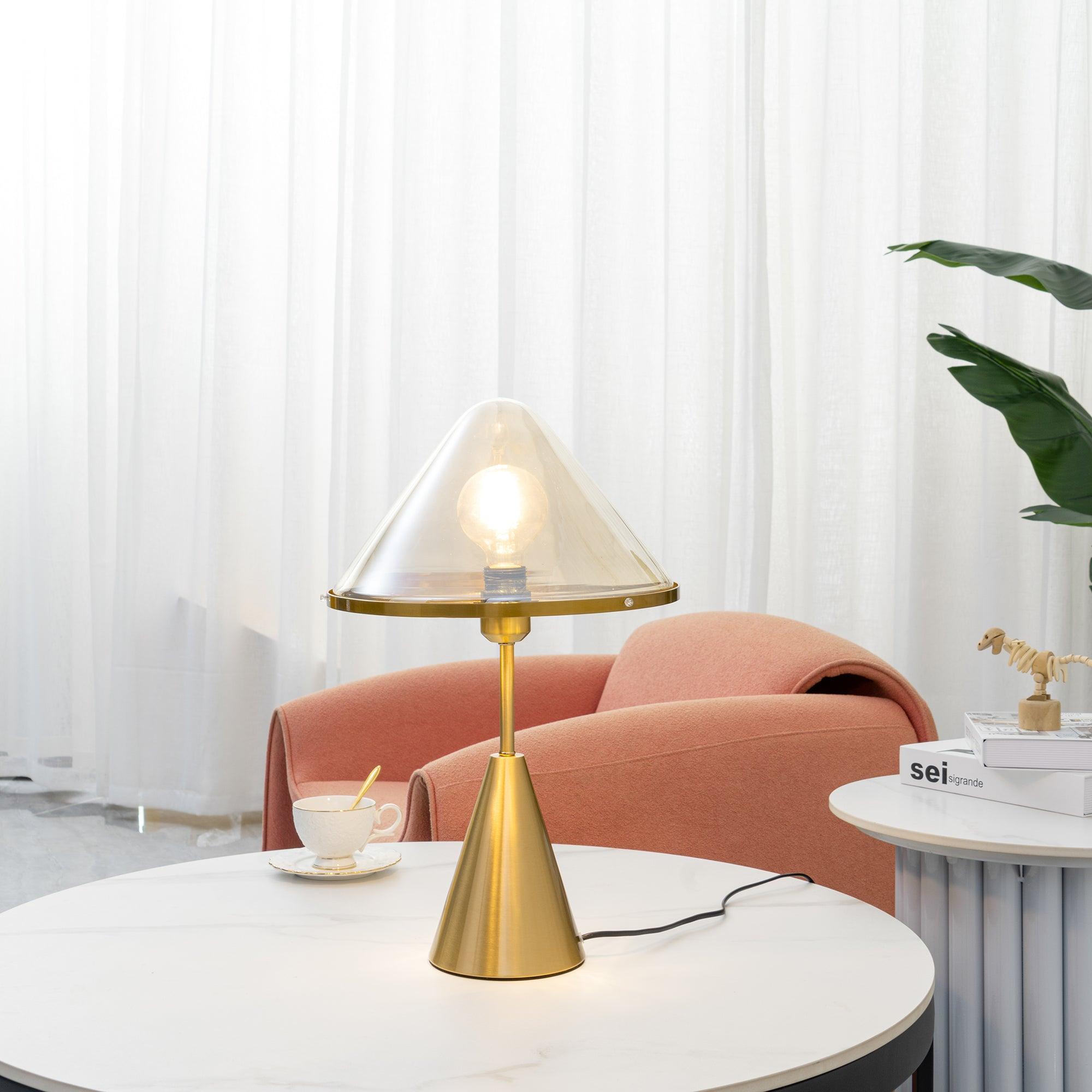 Modern Gold Mushroom Desk Lamp with Elegant Glass Shade and Brass Finish