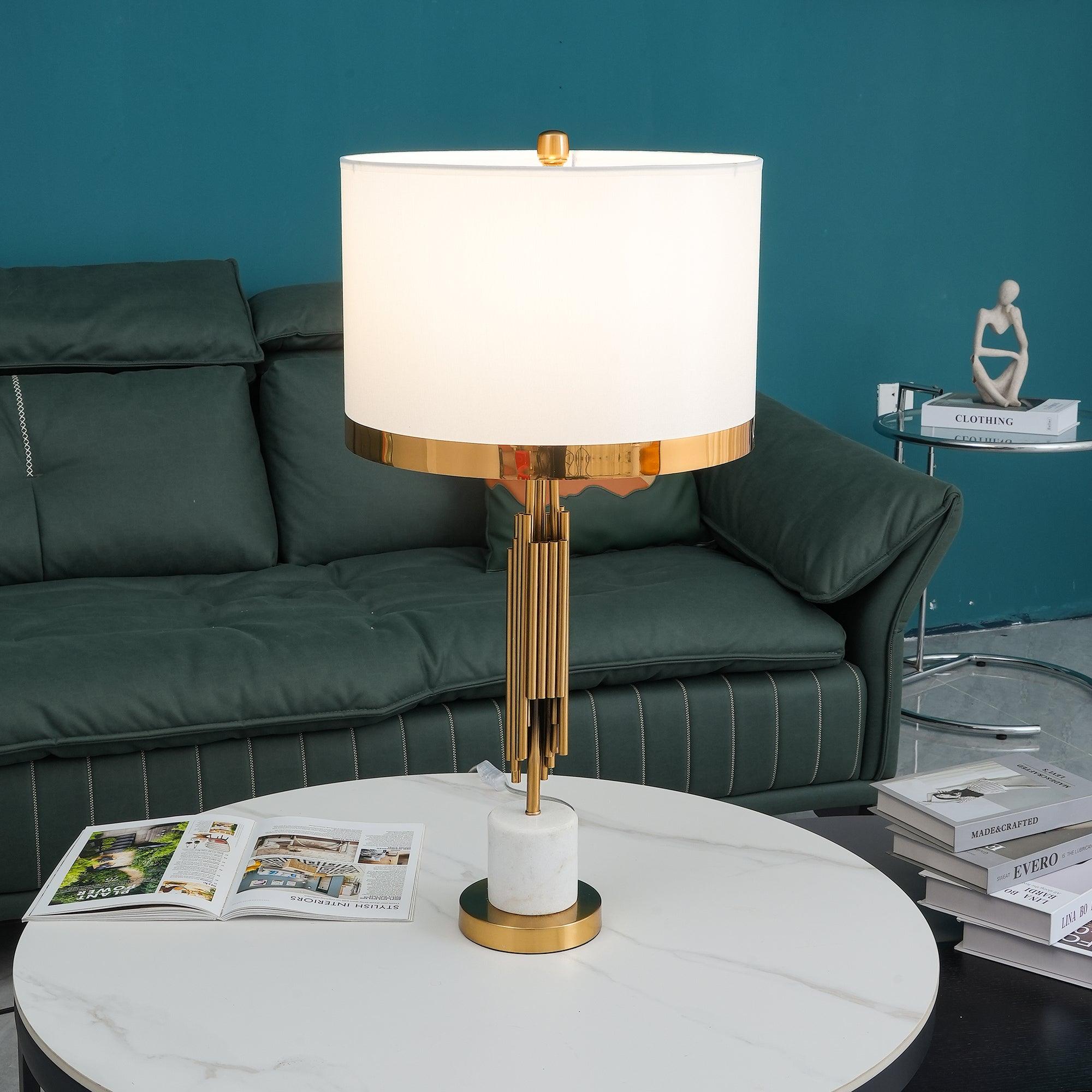 Modern Myrano Gold Art Deco Table Lamp with White Fabric Shade and Marble Base