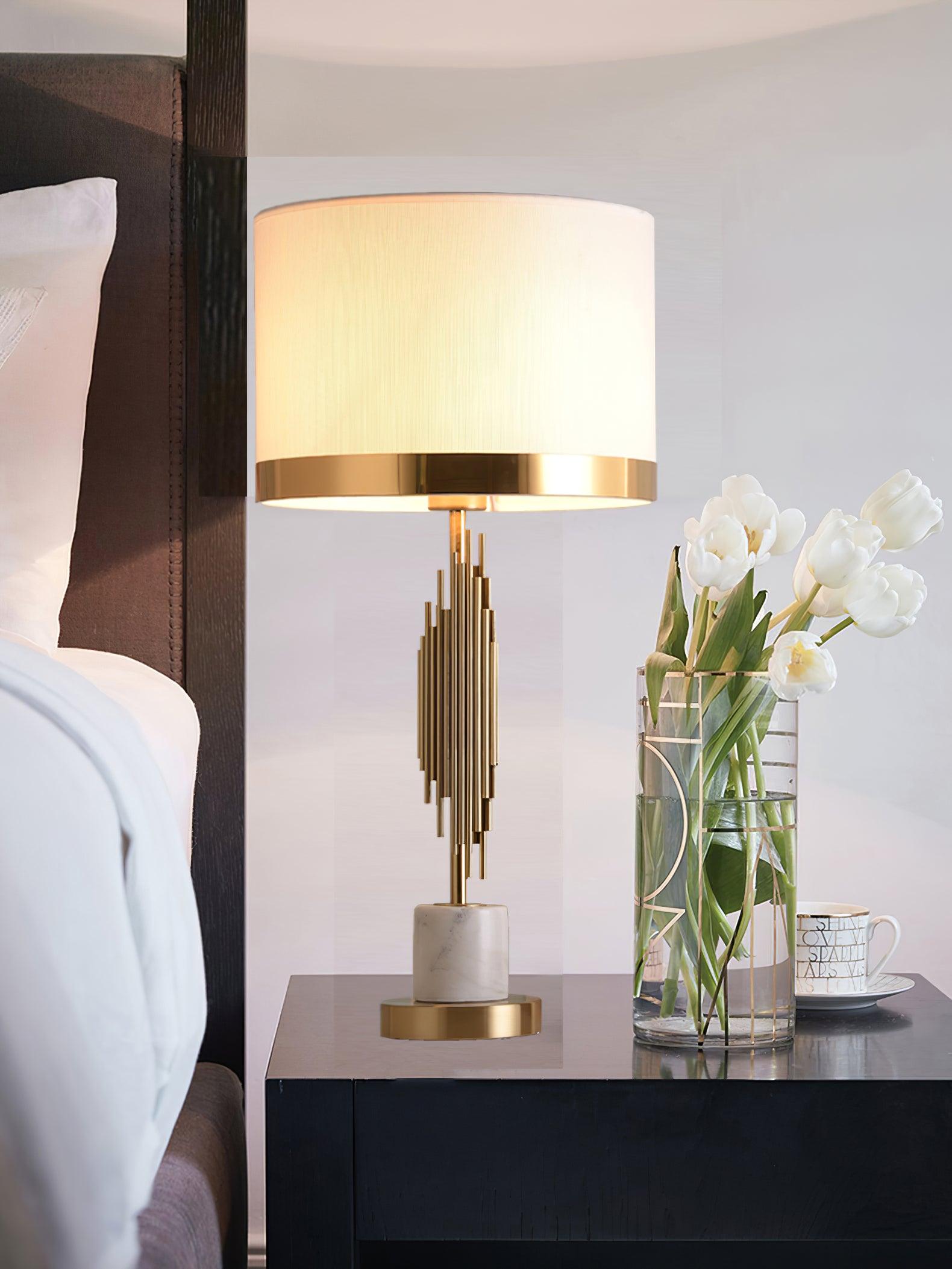 Modern Myrano Gold Art Deco Table Lamp with White Fabric Shade and Marble Base