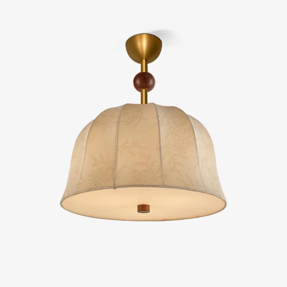 Mid Century Retro Geometric Ceiling Lamp with Wood Accents and Linen Shade