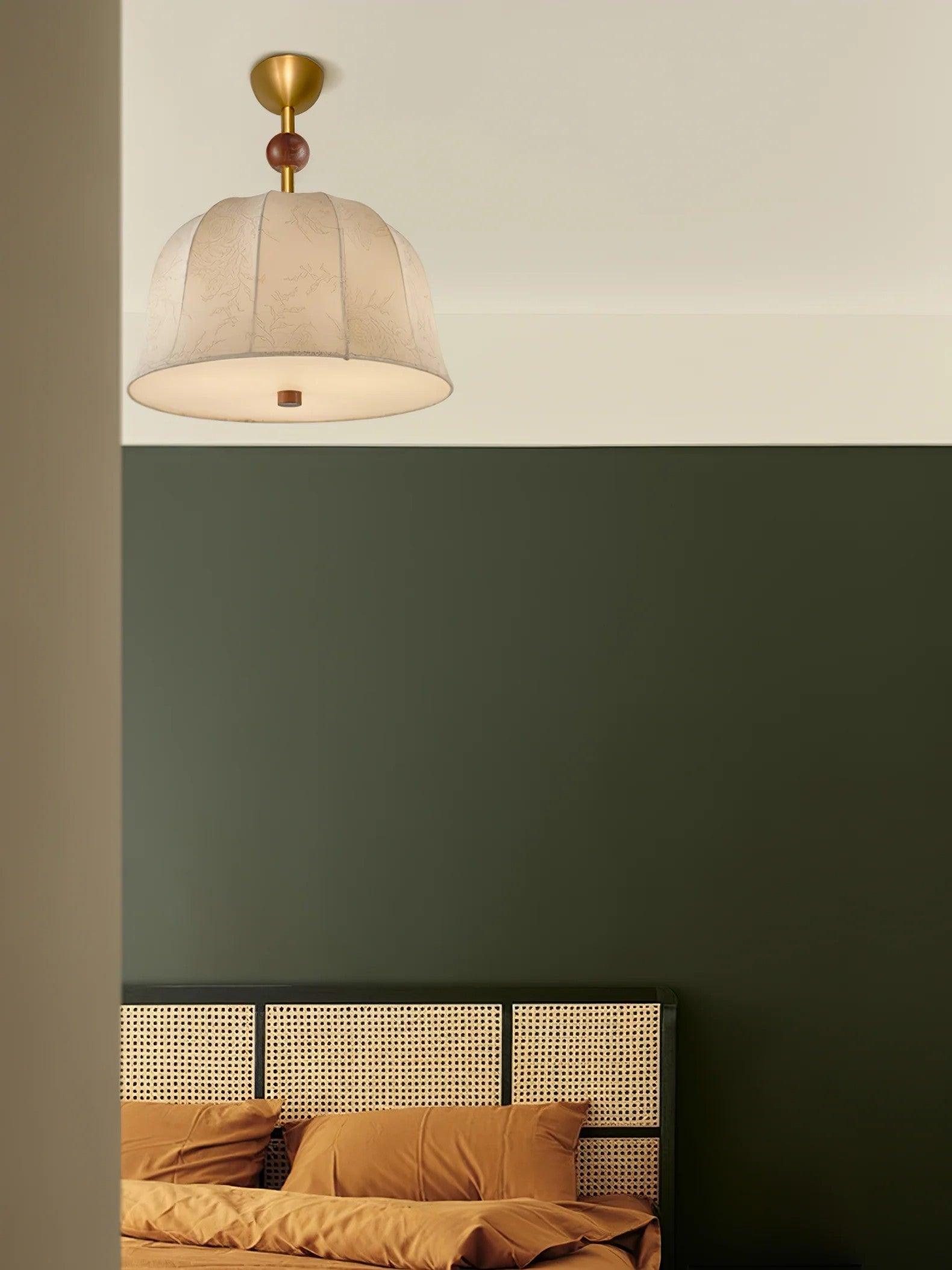 Mid Century Retro Geometric Ceiling Lamp with Wood Accents and Linen Shade