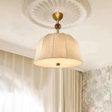 Mid Century Retro Geometric Ceiling Lamp with Wood Accents and Linen Shade