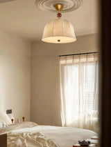 Mid Century Retro Geometric Ceiling Lamp with Wood Accents and Linen Shade