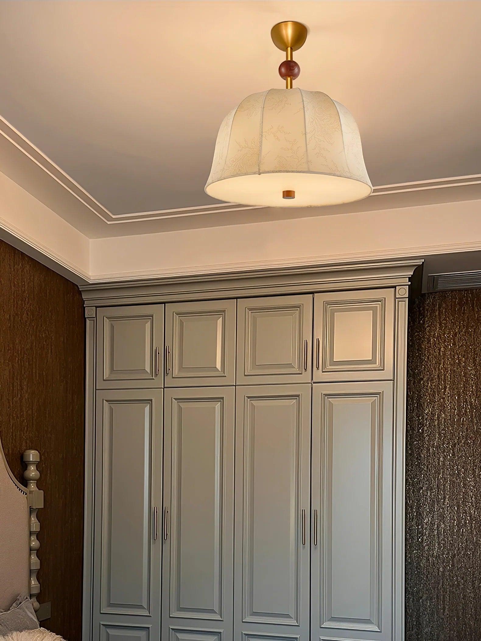 Mid Century Retro Geometric Ceiling Lamp with Wood Accents and Linen Shade