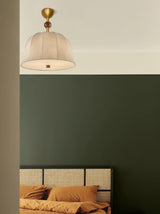 Mid Century Retro Geometric Ceiling Lamp with Wood Accents and Linen Shade