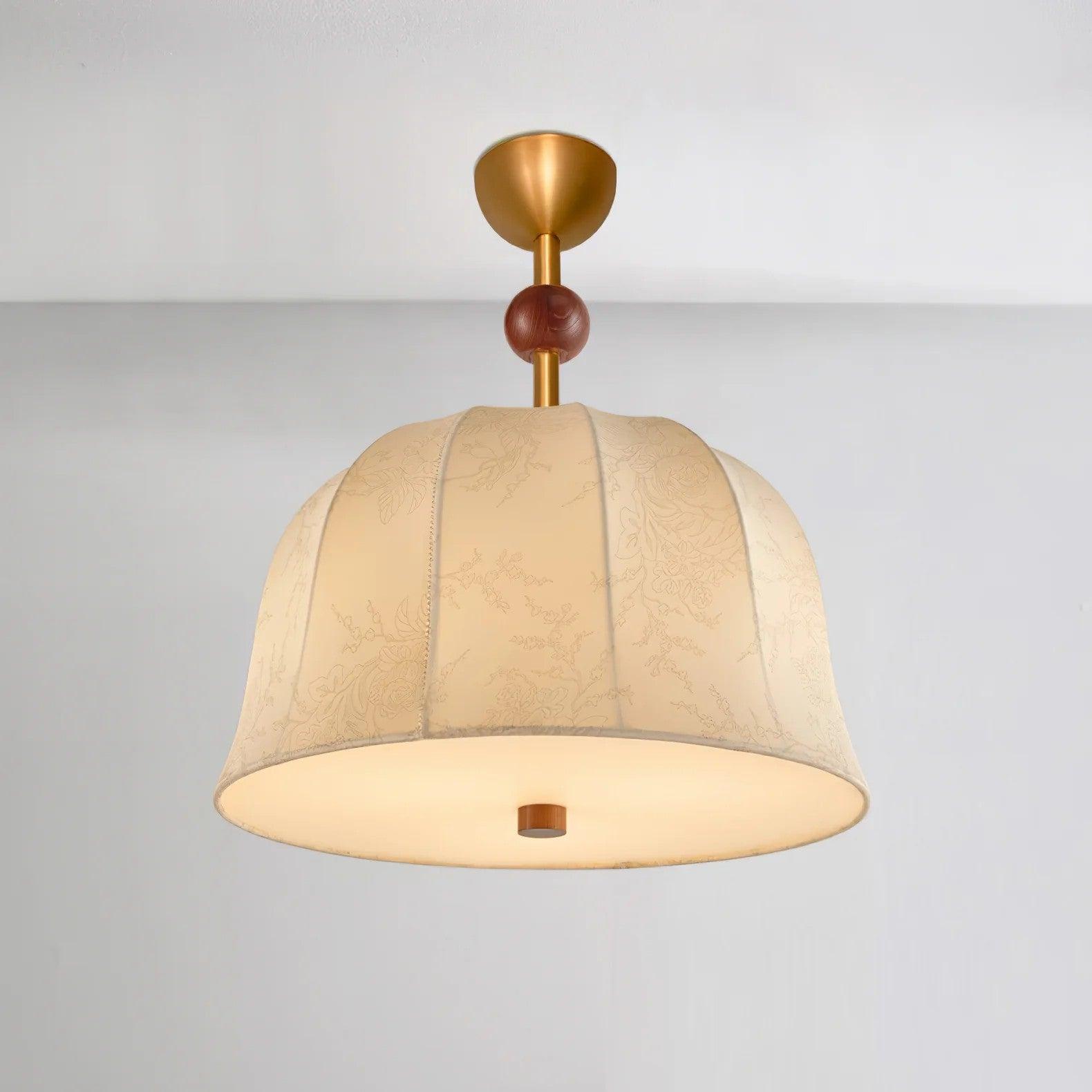 Mid Century Retro Geometric Ceiling Lamp with Wood Accents and Linen Shade