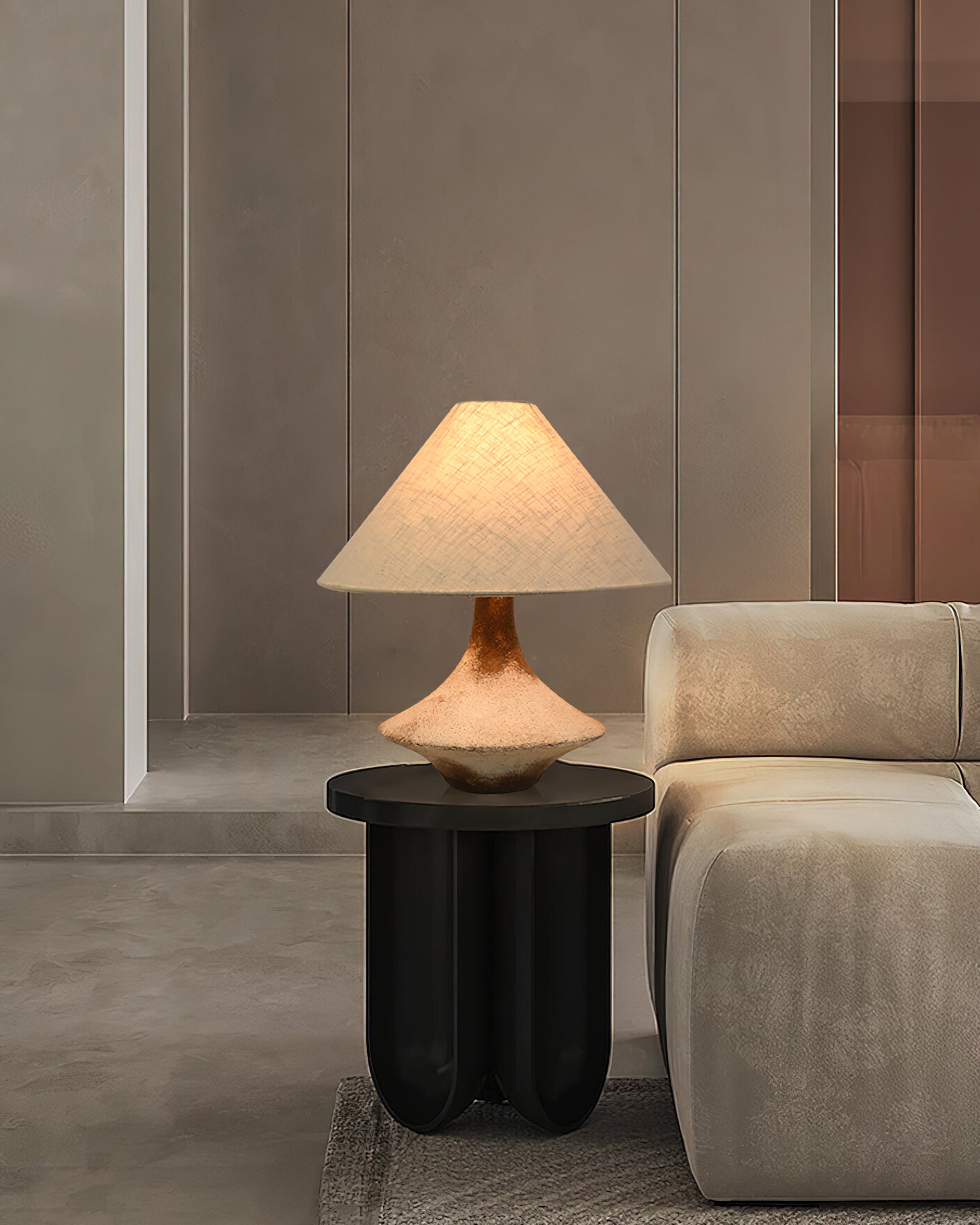 Rustic Weathered Ceramic Table Lamp with Beige Fabric Shade for Bedroom and Living Room