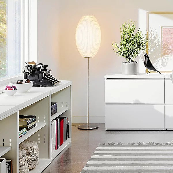 Modern Mid Century Bubble Floor Lamp with White Silk Shade and Steel Base