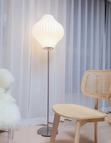 Modern Mid Century Bubble Floor Lamp with White Silk Shade and Steel Base