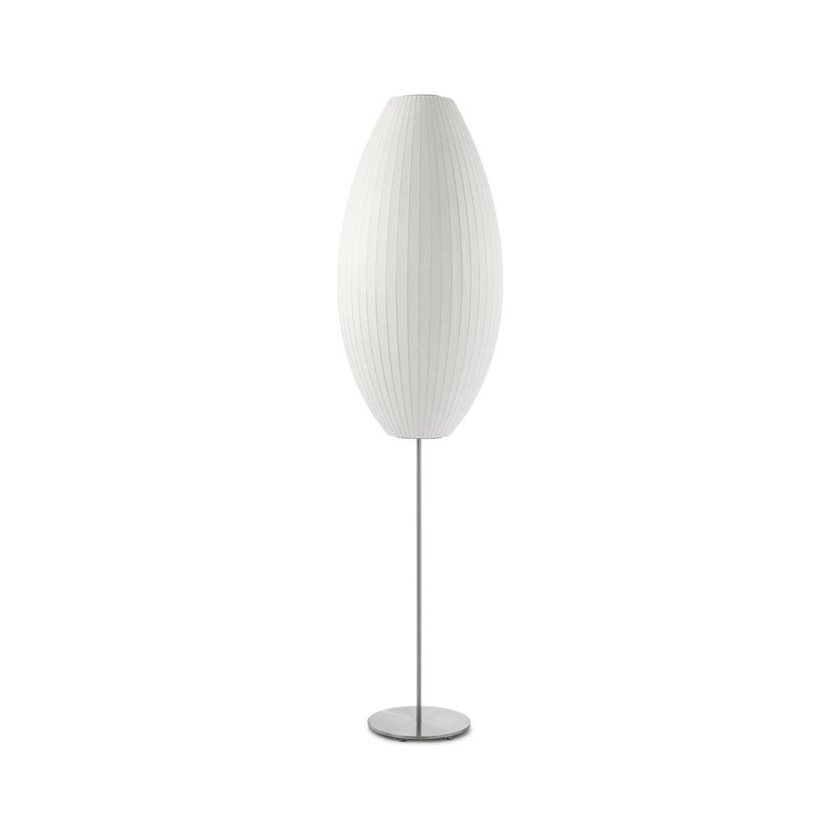 Modern Mid Century Bubble Floor Lamp with White Silk Shade and Steel Base