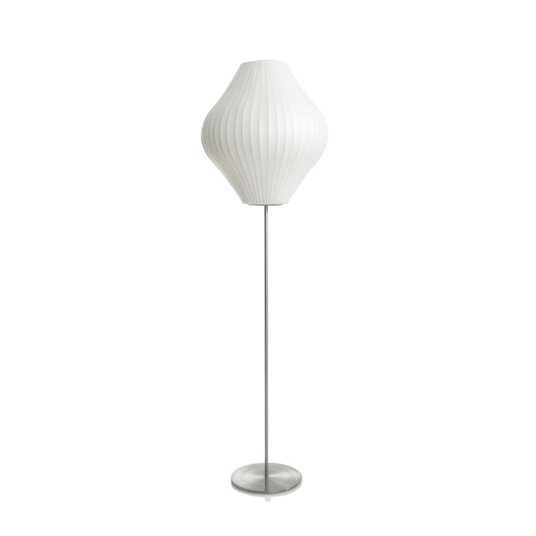 Modern Mid Century Bubble Floor Lamp with White Silk Shade and Steel Base