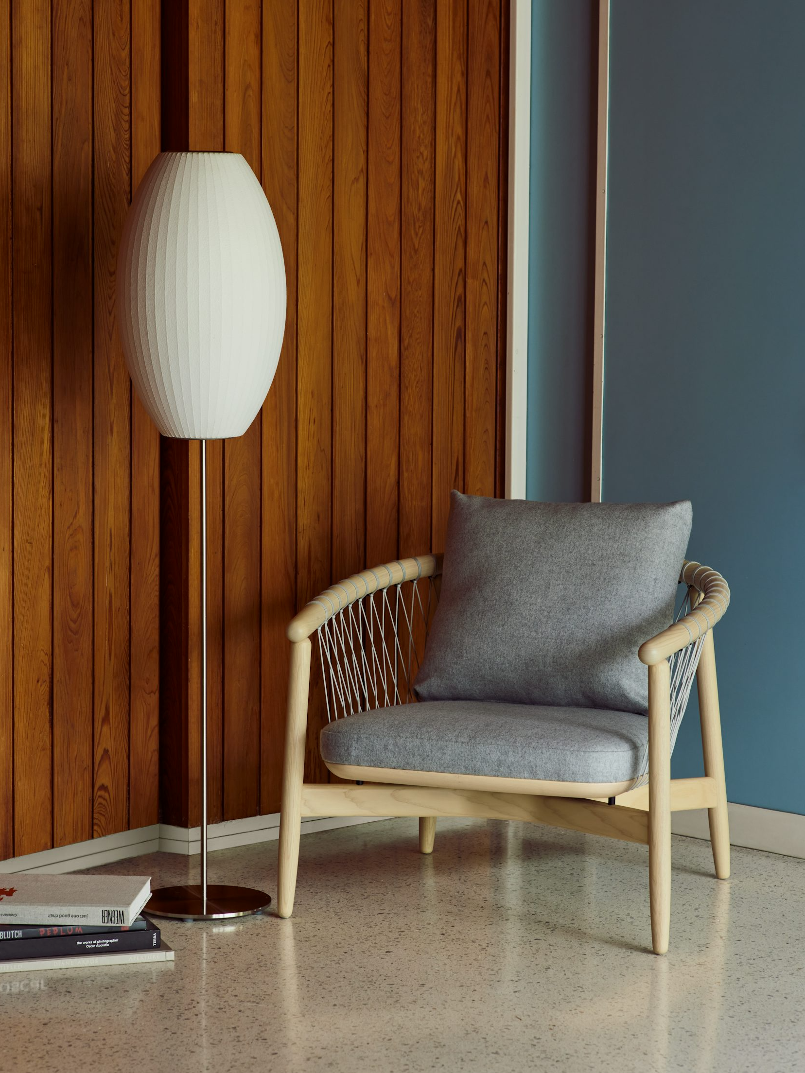 Modern Mid Century Bubble Floor Lamp with White Silk Shade and Steel Base