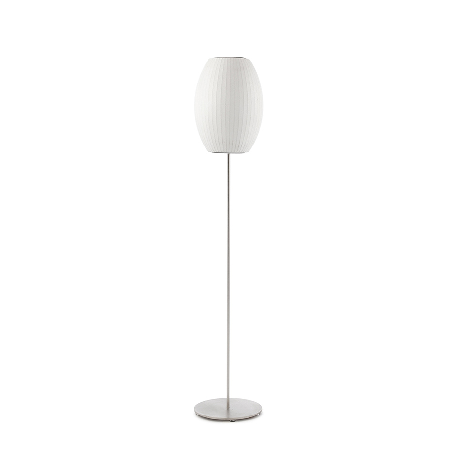 Modern Mid Century Bubble Floor Lamp with White Silk Shade and Steel Base