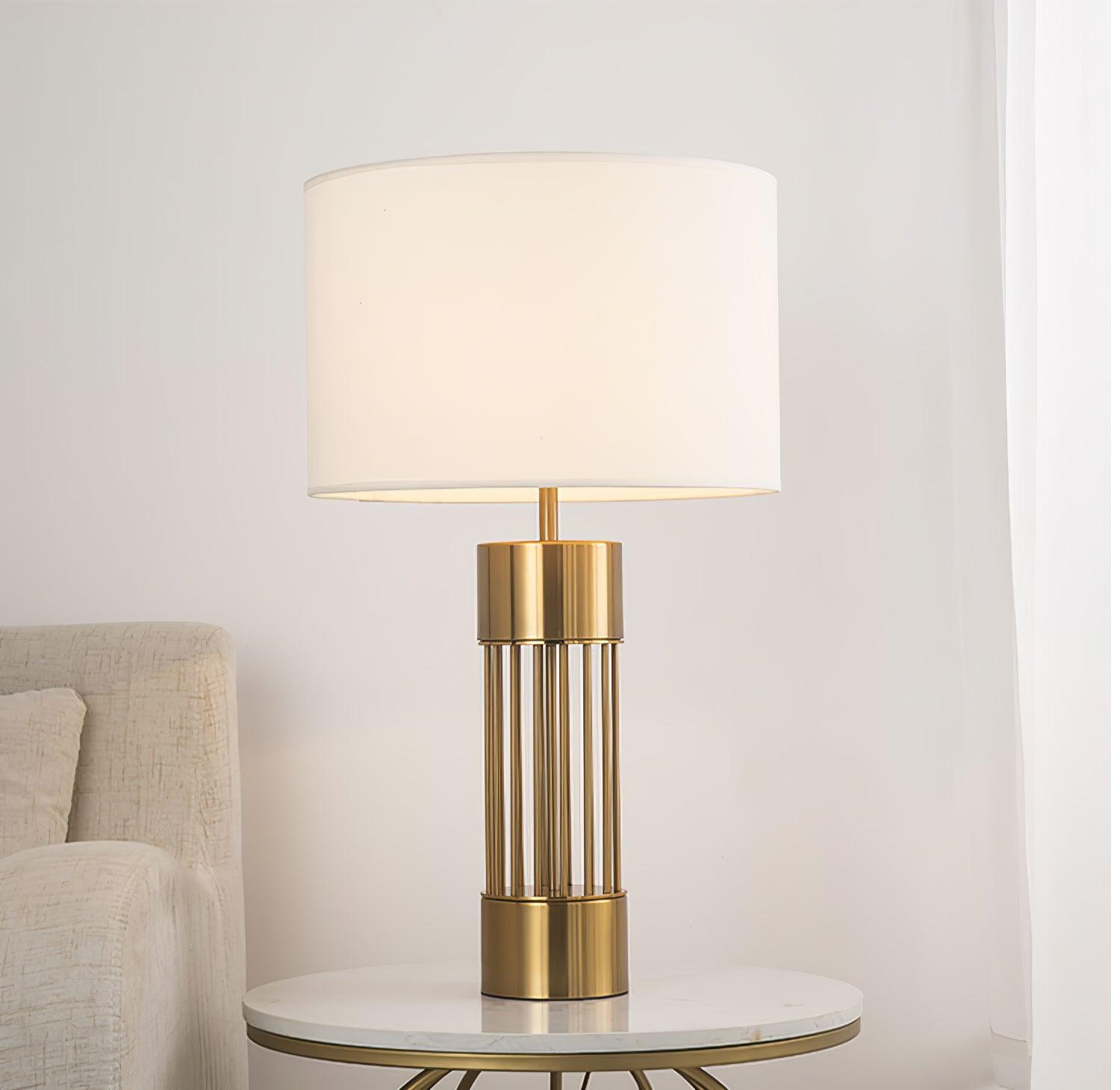 Modern Nettle Gold Metal Table Lamp with White Fabric Drum Shade for Living Room and Bedroom