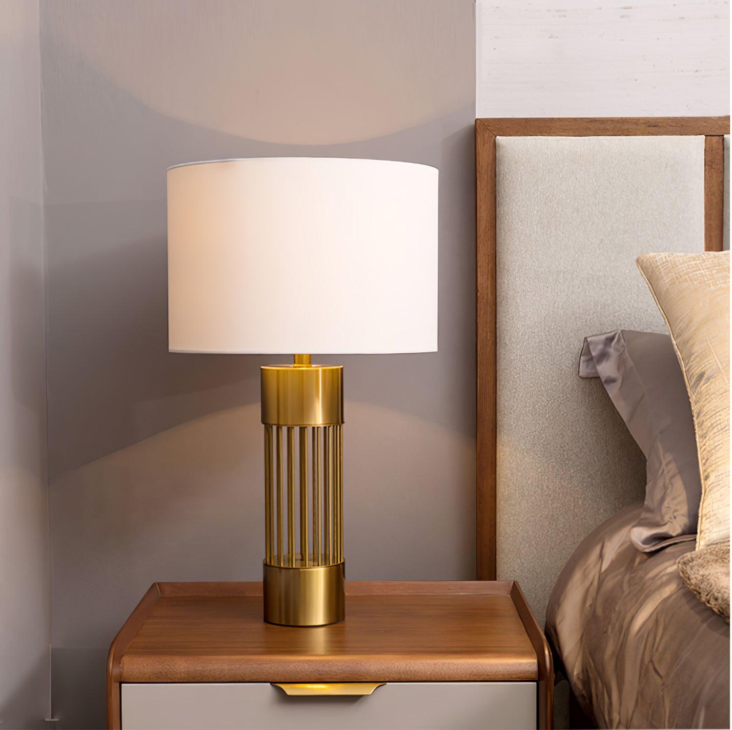 Modern Nettle Gold Metal Table Lamp with White Fabric Drum Shade for Living Room and Bedroom