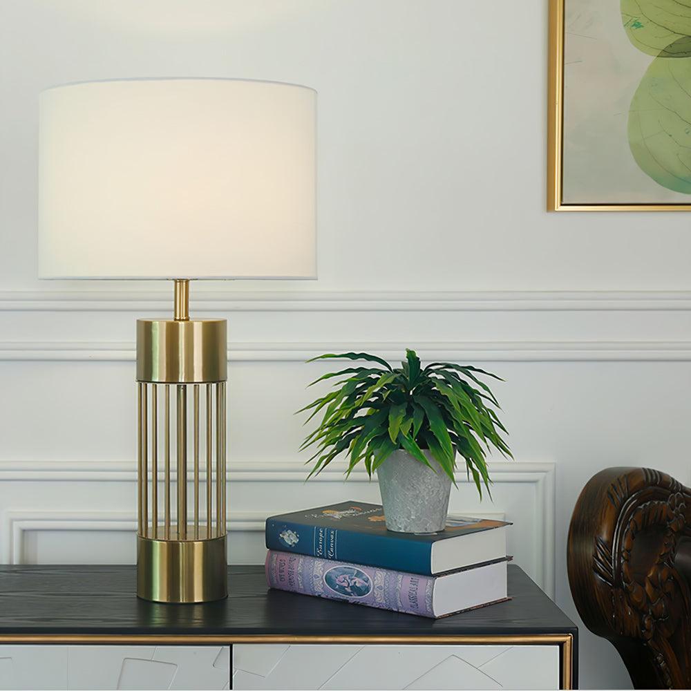 Modern Nettle Gold Metal Table Lamp with White Fabric Drum Shade for Living Room and Bedroom