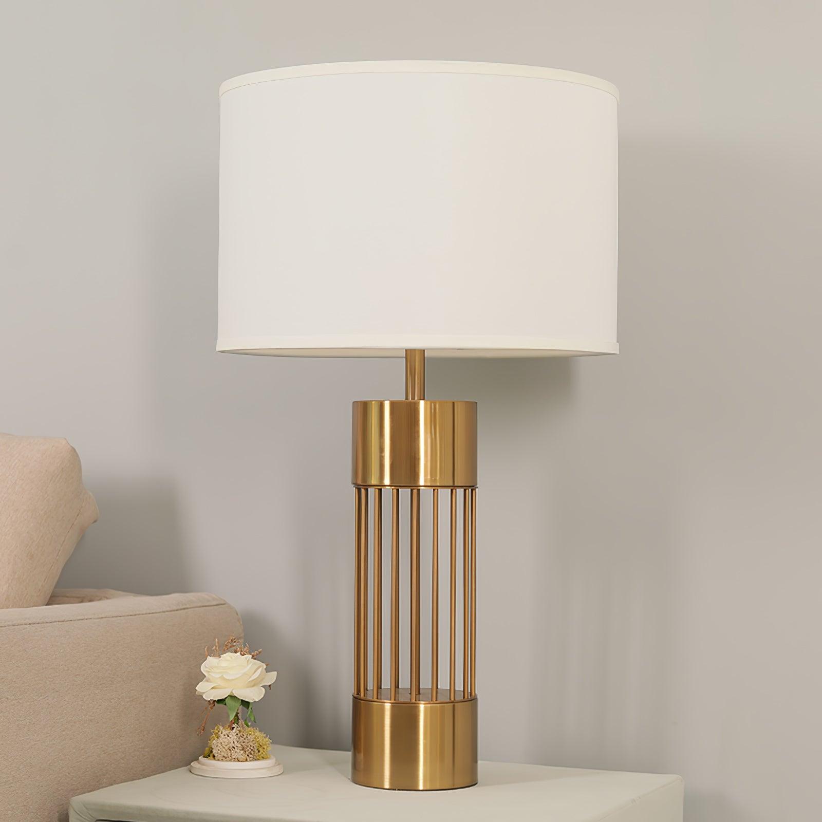 Modern Nettle Gold Metal Table Lamp with White Fabric Drum Shade for Living Room and Bedroom