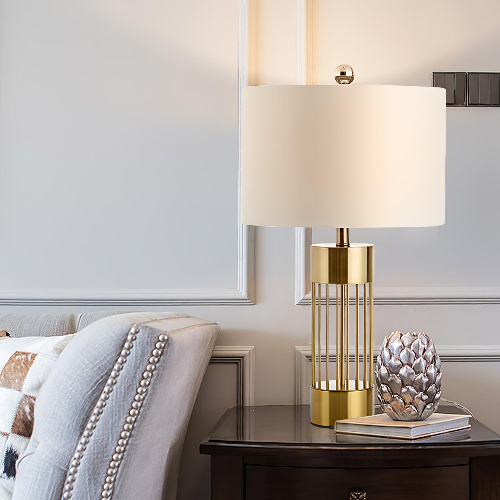 Modern Nettle Gold Metal Table Lamp with White Fabric Drum Shade for Living Room and Bedroom