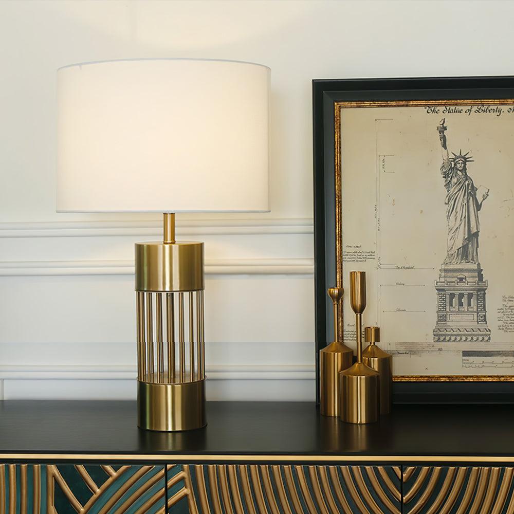 Modern Nettle Gold Metal Table Lamp with White Fabric Drum Shade for Living Room and Bedroom