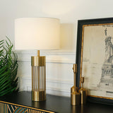 Modern Nettle Gold Metal Table Lamp with White Fabric Drum Shade for Living Room and Bedroom