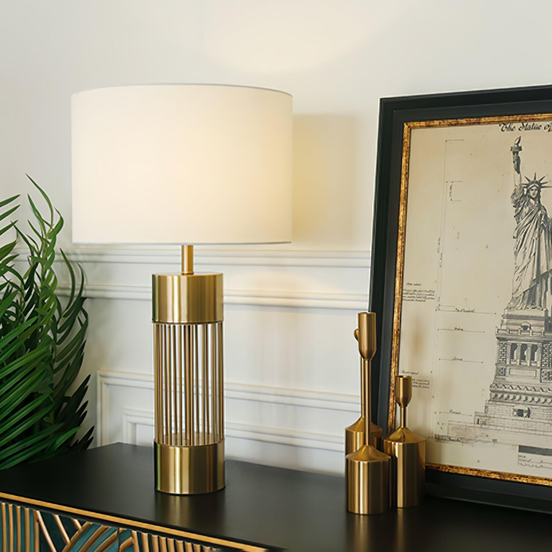 Modern Nettle Gold Metal Table Lamp with White Fabric Drum Shade for Living Room and Bedroom