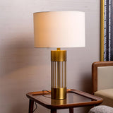 Modern Nettle Gold Metal Table Lamp with White Fabric Drum Shade for Living Room and Bedroom