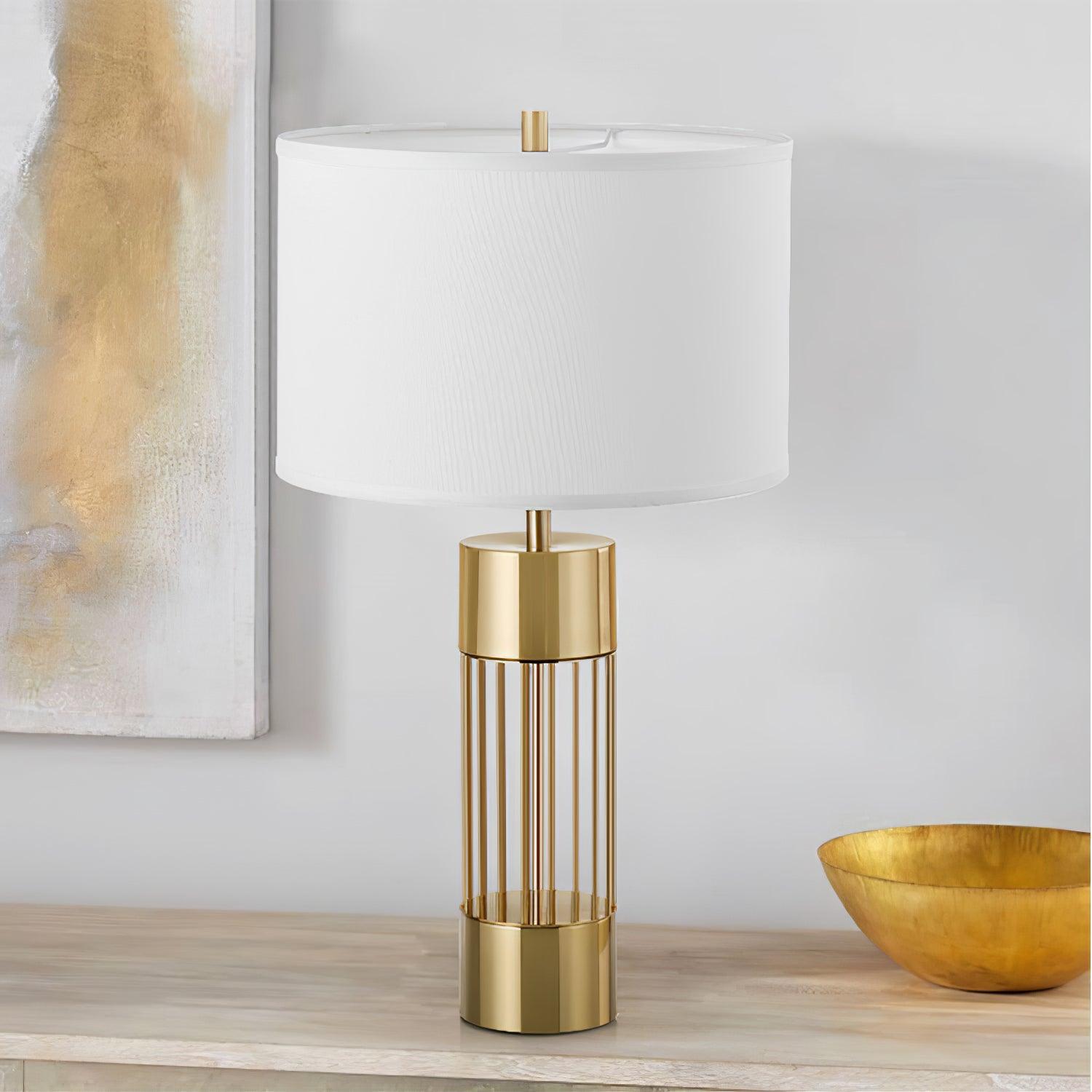 Modern Nettle Gold Metal Table Lamp with White Fabric Drum Shade for Living Room and Bedroom